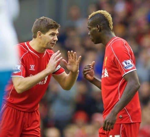 LIVERPOOL, ENGLAND - Saturday, October 25, 2014: Liverpool's captain Steven Gerrard and Mario Balotelli during the Premier League match against Hull City at Anfield. (Pic by David Rawcliffe/Propaganda)