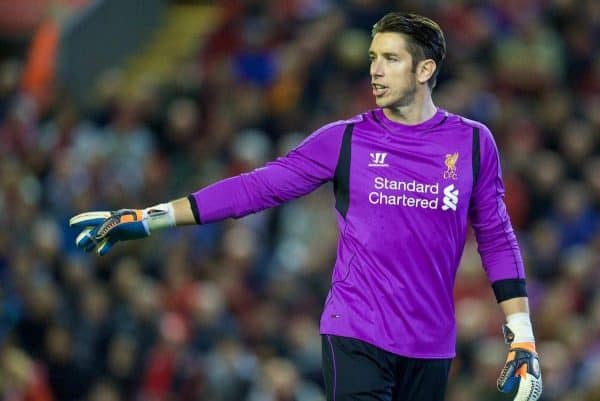 LIVERPOOL, ENGLAND - Tuesday, October 28, 2014: Liverpool's goalkeeper Brad Jones in action against Swansea City during the Football League Cup 4th Round match at Anfield. (Pic by David Rawcliffe/Propaganda)