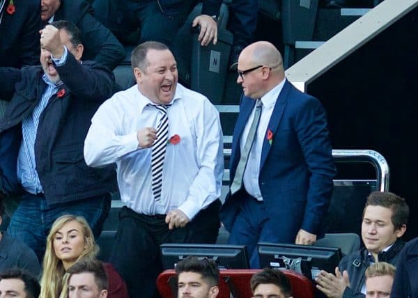 NEWCASTLE-UPON-TYNE, ENGLAND - Saturday, November 1, 2014: Newcastle United's owner Mike Ashley celebrates after his side beat a lacklustre Liverpool 1-0 during the Premier League match at St. James' Park. (Pic by David Rawcliffe/Propaganda)