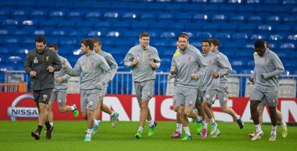 MADRID, SPAIN - Monday, November 3, 2014: Liverpool's captain Steven Gerrard and Rickie Lambert during a training session at the Estadio Santiago Bernabeu ahead of the UEFA Champions League Group B match against Real Madrid CF. (Pic by David Rawcliffe/Propaganda)