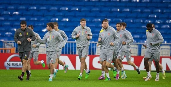 MADRID, SPAIN - Monday, November 3, 2014: Liverpool's captain Steven Gerrard and Rickie Lambert during a training session at the Estadio Santiago Bernabeu ahead of the UEFA Champions League Group B match against Real Madrid CF. (Pic by David Rawcliffe/Propaganda)