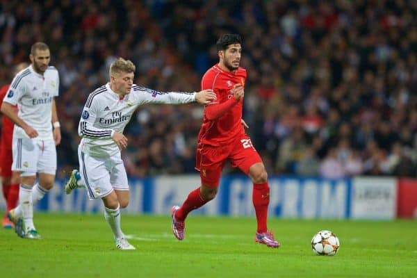 MADRID, SPAIN - Tuesday November 4, 2014: Liverpool's Emre Can in action against Real Madrid CF during the UEFA Champions League Group B match at the Estadio Santiago Bernabeu.  (Image by David Rawcliffe / Propaganda)