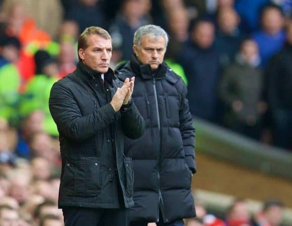 LIVERPOOL, ENGLAND - Saturday, November 8, 2014: Liverpool's manager Brendan Rodgers and Chelsea's manager Jose Mourinho during the Premier League match at Anfield. (Pic by David Rawcliffe/Propaganda)