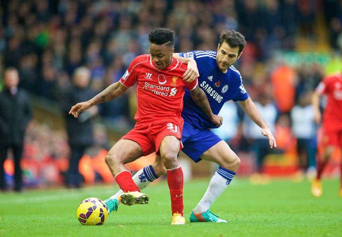 LIVERPOOL, ENGLAND - Saturday, November 8, 2014: Liverpool's Raheem Sterling in action against Chelsea's Cesc Fabregas during the Premier League match at Anfield. (Pic by David Rawcliffe/Propaganda)