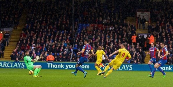 LONDON, ENGLAND - Sunday, November 23, 2014: Liverpool's Rickie Lambert scores the first goal against Crystal Palace during the Premier League match at Selhurst Park. (Pic by David Rawcliffe/Propaganda)