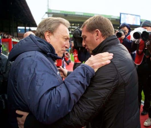 LONDON, ENGLAND - Sunday, November 23, 2014: Liverpool's manager Brendan Rodgers and Crystal Palace's manager Neil Warnock before the Premier League match at Selhurst Park. (Pic by David Rawcliffe/Propaganda)