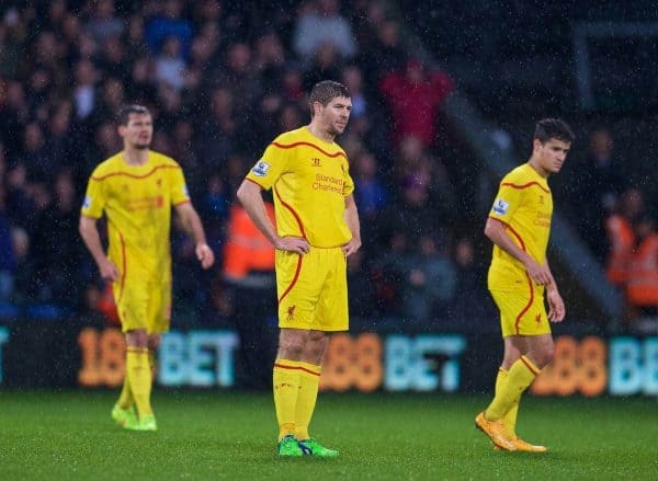 LONDON, ENGLAND - Sunday, November 23, 2014: Liverpool's captain Steven Gerrard looks dejected as Crystal Palace score the third goal during the Premier League match at Selhurst Park. (Pic by David Rawcliffe/Propaganda)