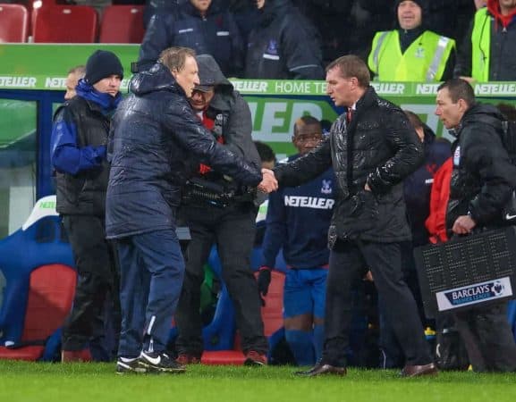 LONDON, ENGLAND - Sunday, November 23, 2014: Liverpool's manager Brendan Rodgers shakes hands with Crystal Palace's manager Neil Warnock after his side's 3-1 defeat during the Premier League match at Selhurst Park. (Pic by David Rawcliffe/Propaganda)