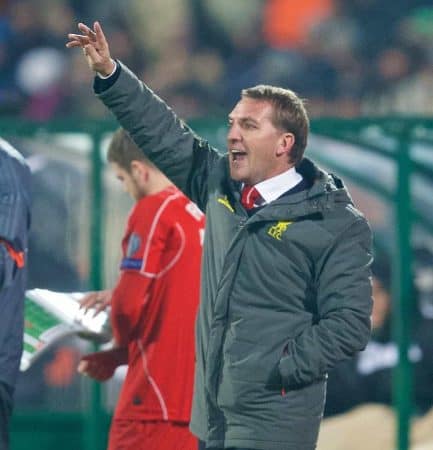 SOFIA, BULGARIA - Wednesday, November 26, 2014: Liverpool's manager Brendan Rodgers during the UEFA Champions League Group B match against PFC Ludogorets Razgrad at the Vasil Levski National Stadium. (Pic by David Rawcliffe/Propaganda)