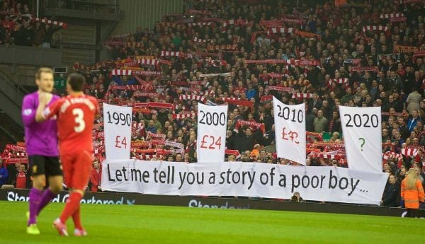 LIVERPOOL, ENGLAND - Saturday, November 29, 2014: Liverpool fans' protest against ticket prices 'Let Me Tell You A Story Of A Poor Boy' during the Premier League match against Stoke City at Anfield. (Pic by David Rawcliffe/Propaganda)