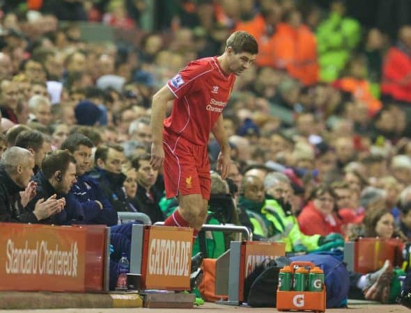 LIVERPOOL, ENGLAND - Saturday, November 29, 2014: Liverpool's captain Steven Gerrard comes on to replace Lucas Leiva against Stoke City during the Premier League match at Anfield. (Pic by David Rawcliffe/Propaganda)