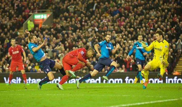 LIVERPOOL, ENGLAND - Saturday, November 29, 2014: Liverpool's Glen Johnson scores the first goal against Stoke City during the Premier League match at Anfield. (Pic by David Rawcliffe/Propaganda)