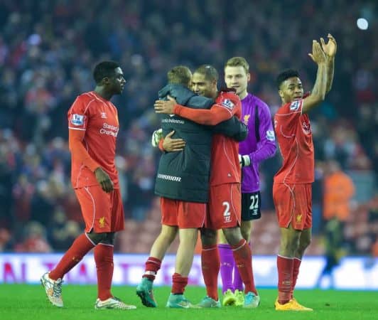 LIVERPOOL, ENGLAND - Saturday, November 29, 2014: Liverpool's match-winning goal scorer Glen Johnson celebrates after the 1-0 victory over Stoke City during the Premier League match at Anfield. (Pic by David Rawcliffe/Propaganda)