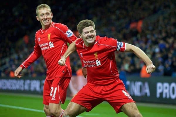 LEICESTER, ENGLAND - Tuesday, December 2, 2014: Liverpool's captain Steven Gerrard celebrates scoring the second goal against Leicester City during the Premier League match at Filbert Way. (Pic by David Rawcliffe/Propaganda)