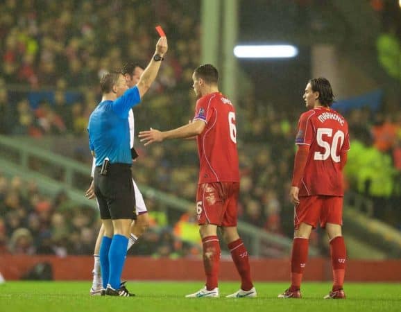 LIVERPOOL, ENGLAND - Tuesday, December 9, 2014: Liverpool's Lazar Markovic is shown a red card and sent off against FC Basel during the final UEFA Champions League Group B match at Anfield. (Pic by David Rawcliffe/Propaganda)