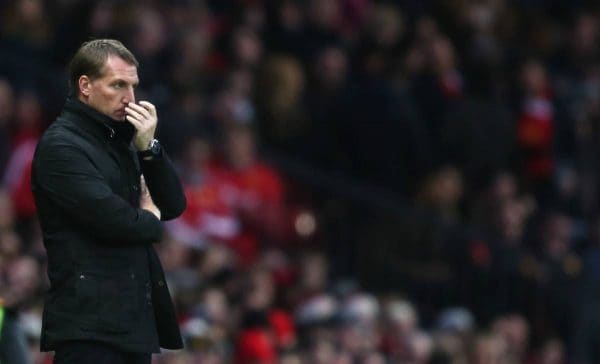 MANCHESTER, ENGLAND - Sunday, December 14, 2014: Liverpool's manager Brendan Rodgers during the Premier League match against Manchester United at Old Trafford. (Pic by David Rawcliffe/Propaganda)