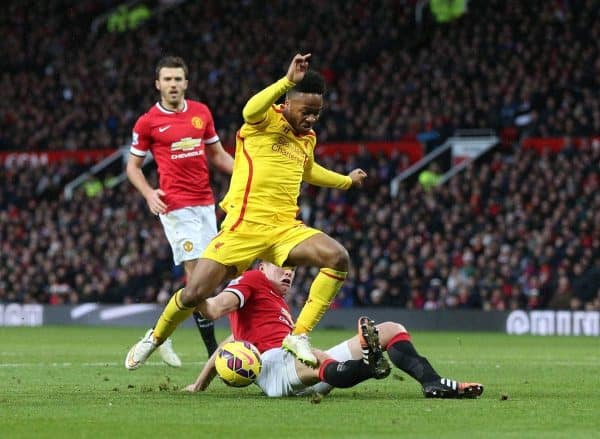 MANCHESTER, ENGLAND - Sunday, December 14, 2014: Liverpool's Raheem Sterling in action against Manchester United during the Premier League match at Old Trafford. (Pic by David Rawcliffe/Propaganda)