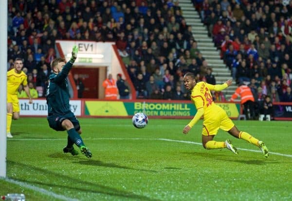 BOURNEMOUTH, ENGLAND - Wednesday, December 17, 2014: Liverpool's Raheem Sterling scores the first goal against Bournemouth during the Football League Cup 5th Round match at Dean Court. (Pic by David Rawcliffe/Propaganda)