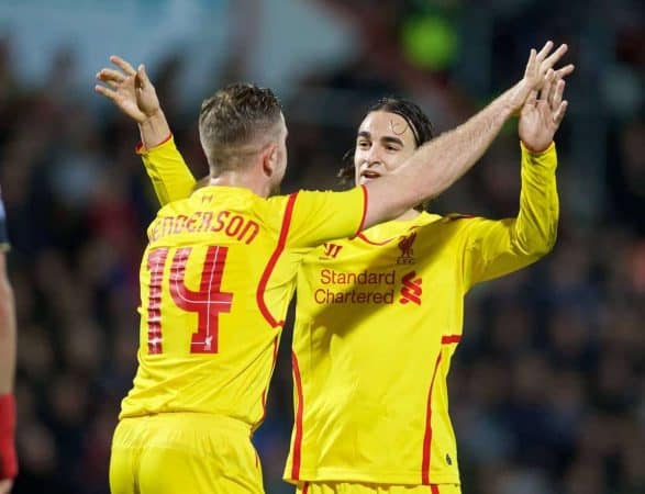 BOURNEMOUTH, ENGLAND - Wednesday, December 17, 2014: Liverpool's Lazar Markovic celebrates scoring the second goal against Bournemouth during the Football League Cup 5th Round match at Dean Court. (Pic by David Rawcliffe/Propaganda)