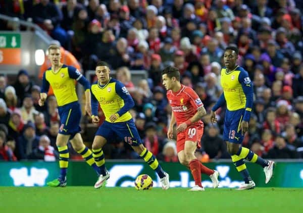 LIVERPOOL, ENGLAND - Sunday, December 21, 2014: Liverpool's Philippe Coutinho Correia in action against Arsenal during the Premier League match at Anfield. (Pic by David Rawcliffe/Propaganda)