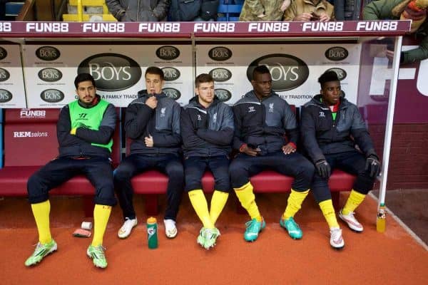 BURNLEY, ENGLAND - Boxing Day, Friday, December 26, 2014: Liverpool's substitutes Emre Can, Javier Manquillo, Alberto Moreno, Mario Balotelli and Sheyi Ojo before the Premier League match against Burnley at Turf Moor. (Pic by David Rawcliffe/Propaganda)