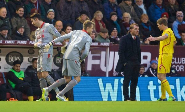 BURNLEY, ENGLAND - Boxing Day, Friday, December 26, 2014: Liverpool's goalkeeper Brad Jones is replaced by substitute goalkeeper Simon Mignolet against Burnley during the Premier League match at Turf Moor. (Pic by David Rawcliffe/Propaganda)