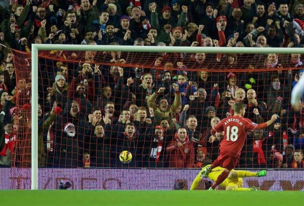 LIVERPOOL, ENGLAND - Monday, December 29, 2014: Liverpool's Alberto Moreno celebrates scoring the first goal against Swansea City during the Premier League match at Anfield. (Pic by David Rawcliffe/Propaganda)