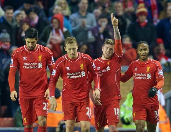 LIVERPOOL, ENGLAND - Monday, December 29, 2014: Liverpool's Alberto Moreno celebrates scoring the first goal against Swansea City during the Premier League match at Anfield. (Pic by David Rawcliffe/Propaganda)