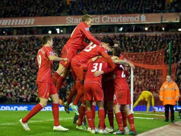 LIVERPOOL, ENGLAND - Monday, December 29, 2014: Liverpool's Adam Lallana celebrates scoring the second goal against Swansea City during the Premier League match at Anfield. (Pic by David Rawcliffe/Propaganda)