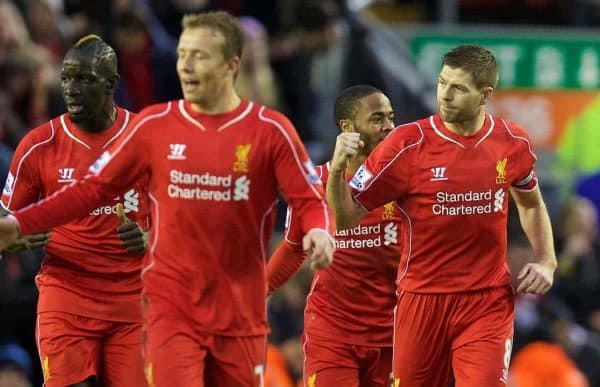 LIVERPOOL, ENGLAND - Thursday, New Year's Day, January 1, 2015: Liverpool's captain Steven Gerrard celebrates scoring the first goal against Leicester City from the penalty spot during the Premier League match at Anfield. (Pic by David Rawcliffe/Propaganda)