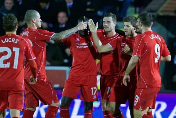 KINGSTON-UPON-THAMES, ENGLAND - Monday, January 5, 2015: Liverpool's captain Steven Gerrard celebrates scoring the second goal against AFC Wimbledon during the FA Cup 3rd Round match at the Kingsmeadow Stadium. (Pic by David Rawcliffe/Propaganda)