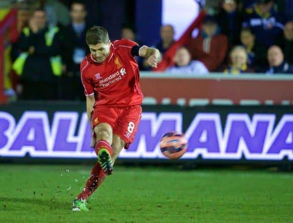 KINGSTON-UPON-THAMES, ENGLAND - Monday, January 5, 2015: Liverpool's captain Steven Gerrard scores the second goal against AFC Wimbledon during the FA Cup 3rd Round match at the Kingsmeadow Stadium. (Pic by David Rawcliffe/Propaganda)