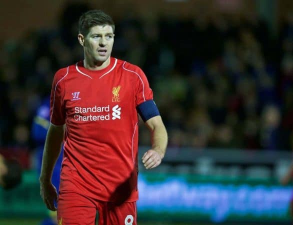 KINGSTON-UPON-THAMES, ENGLAND - Monday, January 5, 2015: Liverpool's captain Steven Gerrard in action against AFC Wimbledon during the FA Cup 3rd Round match at the Kingsmeadow Stadium. (Pic by David Rawcliffe/Propaganda)