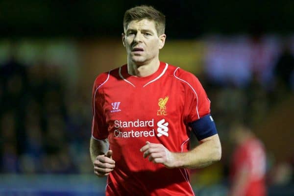 KINGSTON-UPON-THAMES, ENGLAND - Monday, January 5, 2015: Liverpool's captain Steven Gerrard in action against AFC Wimbledon during the FA Cup 3rd Round match at the Kingsmeadow Stadium. (Pic by David Rawcliffe/Propaganda)