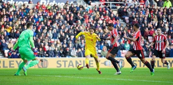 SUNDERLAND, ENGLAND - Saturday, January 10, 2015: Liverpool's Lazar Markovic scores the first goal against Sunderland during the Premier League match at the Stadium of Light. (Pic by David Rawcliffe/Propaganda)