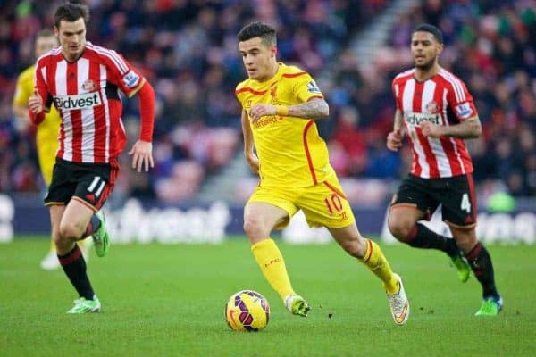 SUNDERLAND, ENGLAND - Saturday, January 10, 2015: Liverpool's Philippe Coutinho Correia in action against Sunderland during the Premier League match at the Stadium of Light. (Pic by David Rawcliffe/Propaganda)