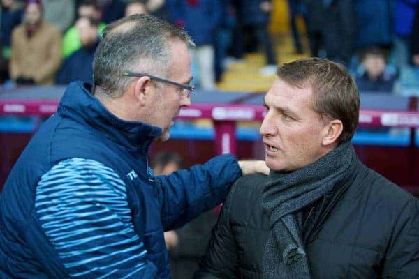 BIRMINGHAM, ENGLAND - Saturday, January 17, 2015: Liverpool's manager Brendan Rodgers and Aston Villa's manager Paul Lambert before the Premier League match at Villa Park. (Pic by David Rawcliffe/Propaganda)