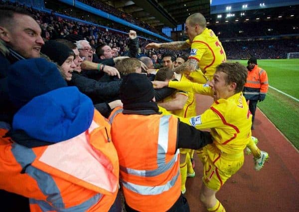 BIRMINGHAM, ENGLAND - Saturday, January 17, 2015: Liverpool's Rickie Lambert celebrates scoring the second goal against Aston Villa during the Premier League match at Villa Park. (Pic by David Rawcliffe/Propaganda)