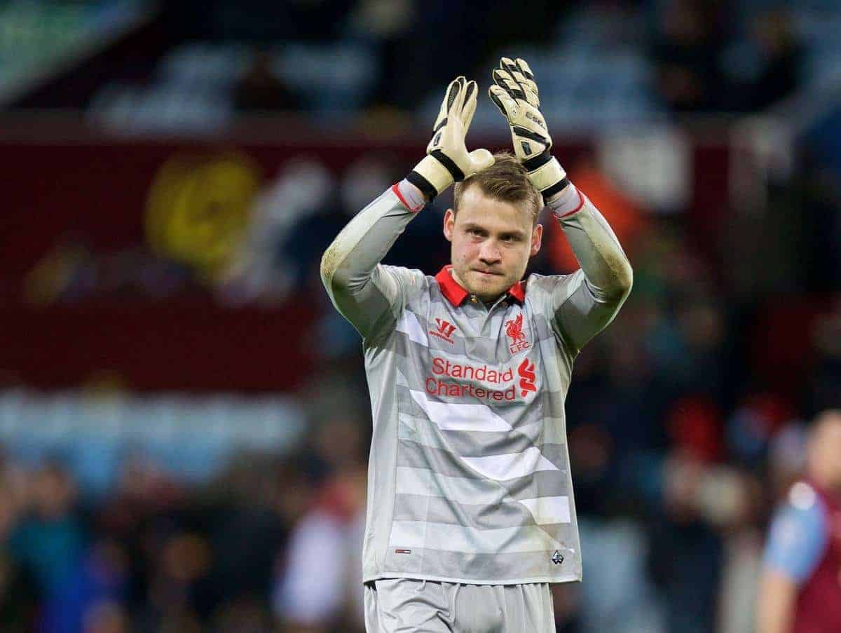 BIRMINGHAM, ENGLAND - Saturday, January 17, 2015: Liverpool's goalkeeper Simon Mignolet applauds the travelling supporters after his side's 2-0 victory over Aston Villa during the Premier League match at Villa Park. (Pic by David Rawcliffe/Propaganda)