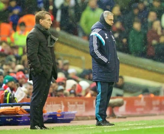 LIVERPOOL, ENGLAND - Tuesday, January 20, 2015: Chelsea's manager Jose Mourinho during the Football League Cup Semi-Final 1st Leg match against Liverpool at Anfield. (Pic by David Rawcliffe/Propaganda)