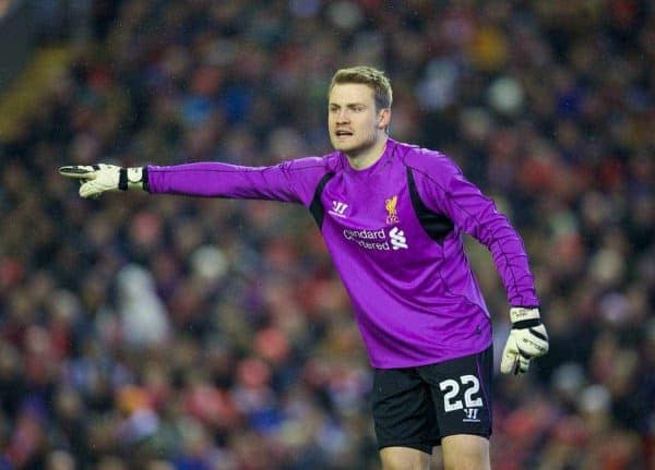 LIVERPOOL, ENGLAND - Tuesday, January 20, 2015: Liverpool's goalkeeper Simon Mignolet in action against Chelsea during the Football League Cup Semi-Final 1st Leg match at Anfield. (Pic by David Rawcliffe/Propaganda)