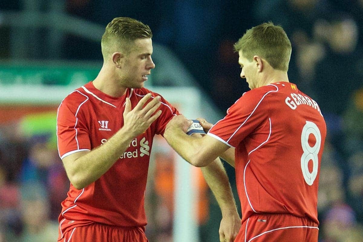 LIVERPOOL, ENGLAND - Tuesday, January 20, 2015: Liverpool's captain Steven Gerrard hands the armband to Jordan Henderson as he is substituted against Chelsea during the Football League Cup Semi-Final 1st Leg match at Anfield. (Pic by David Rawcliffe/Propaganda)