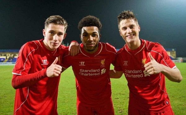 CHESTER, ENGLAND - Wednesday, January 21, 2015: Liverpool's goal scorers Harry Wilson (2), Jerome Sinclair (2) and Sergi Canos celebrate after the 5-2 victory over Derby County during the FA Youth Cup 4th Round match at the Deva Stadium. (Pic by David Rawcliffe/Propaganda)