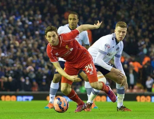 LIVERPOOL, ENGLAND - Saturday, January 24, 2015: Liverpool's Joe Allen in action against Bolton Wanderers during the FA Cup 4th Round match at Anfield. (Pic by Lindsey Parnaby/Propaganda)