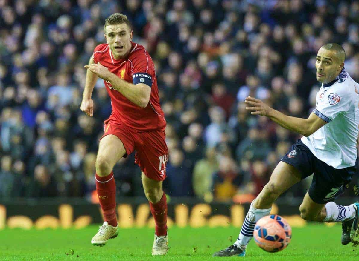 LIVERPOOL, ENGLAND - Saturday, January 24, 2015: Liverpool's Jordan Henderson in action against Bolton Wanderers during the FA Cup 4th Round match at Anfield. (Pic by Lindsey Parnaby/Propaganda)