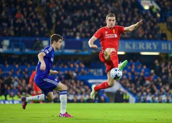 LONDON, ENGLAND - Tuesday, January 27, 2015: Liverpool's Jordan Henderson in action against Chelsea during the Football League Cup Semi-Final 2nd Leg match at Stamford Bridge. (Pic by David Rawcliffe/Propaganda)