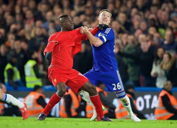 LONDON, ENGLAND - Tuesday, January 27, 2015: Liverpool's Mario Balotelli and Chelsea's captain John Terry during the Football League Cup Semi-Final 2nd Leg match at Stamford Bridge. (Pic by David Rawcliffe/Propaganda)