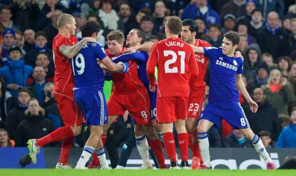 LONDON, ENGLAND - Tuesday, January 27, 2015: Liverpool's captain Steven Gerrard clashes with Chelsea's Diego Costa during the Football League Cup Semi-Final 2nd Leg match at Stamford Bridge. (Pic by David Rawcliffe/Propaganda)