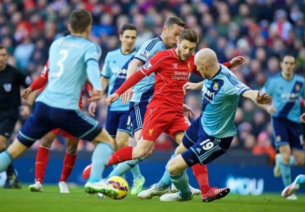 LIVERPOOL, ENGLAND - Saturday, January 31, 2015: Liverpool's Adam Lallana in action against West Ham United during the Premier League match at Anfield. (Pic by David Rawcliffe/Propaganda)