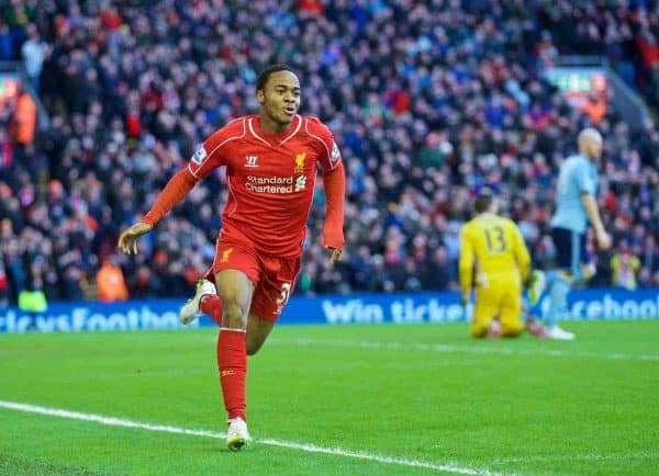 LIVERPOOL, ENGLAND - Saturday, January 31, 2015: Liverpool's celebrates scoring the first goal against West Ham United during the Premier League match at Anfield. (Pic by David Rawcliffe/Propaganda)